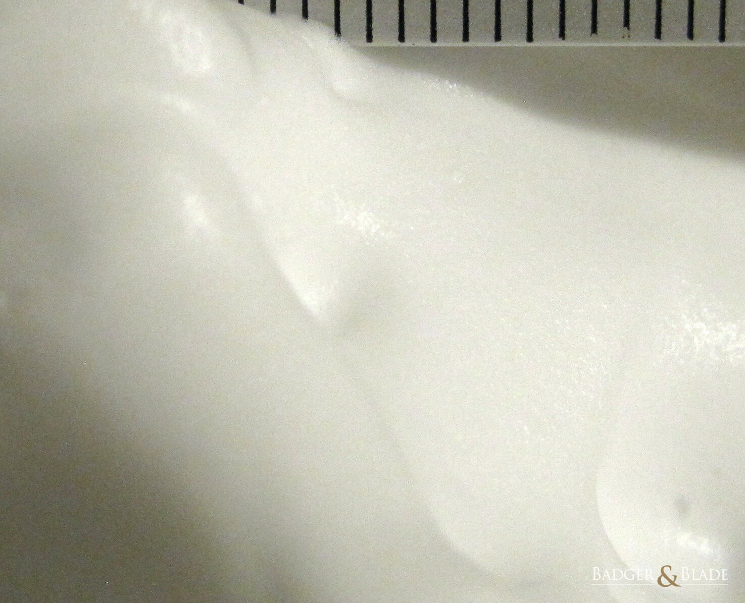 Barrister & Mann Cheshire Shaving Soap - Extreme Close-Up of Optimum Lather with Millimeter-Marked Scale